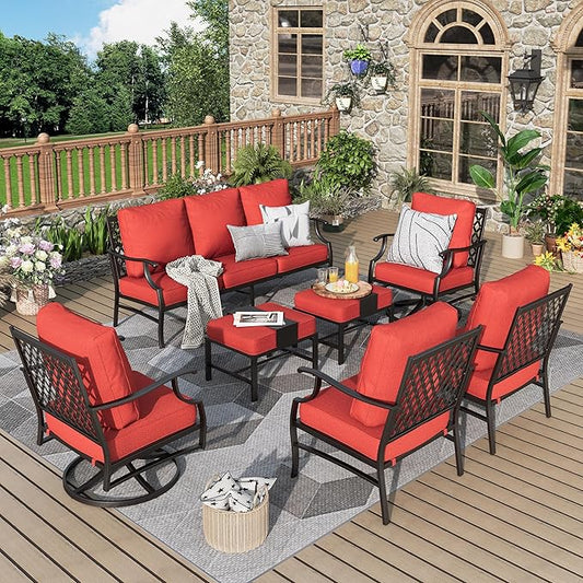 Patio Furniture Set 7 pcs, Outdoor Patio Furniture, 3-Seat Sofa, 2 Single Chairs, 2 Swivel Chairs, 2 Ottomans and 5.75" Extra Thick Cushion, Patio Conversation Set for Backyard Deck,Red