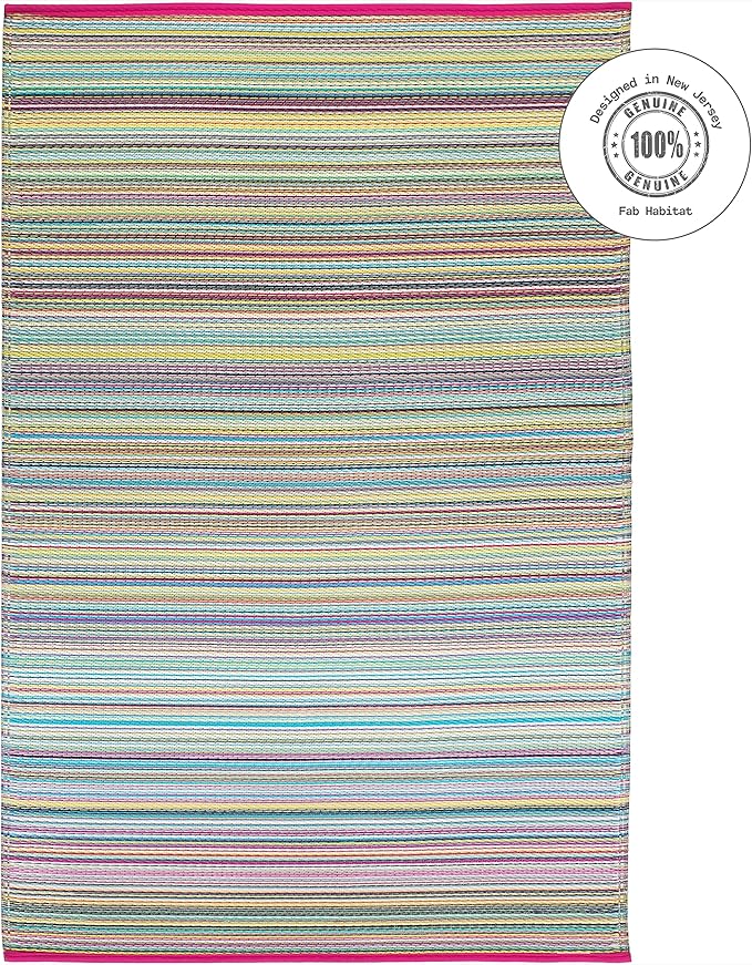 Fab Habitat Outdoor Rug - Waterproof, Fade Resistant, Crease-Free - Premium Recycled Plastic - Striped - Patio, Deck, Porch, Balcony, Laundry Room - Cancun - Candy - 4 x 6 ft