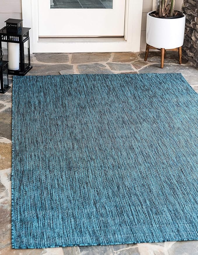 Unique Loom Collection Casual Transitional Solid Heathered Indoor/Outdoor Flatweave Area Rug (4' 1" x 6' 1" Rectangle, Teal/Navy Blue)