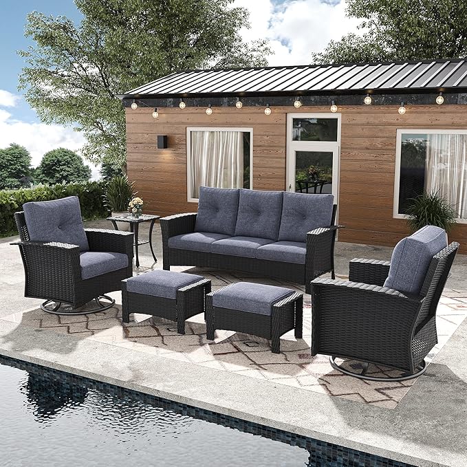 6 Pieces Outdoor Patio Furniture Set, Wicker Patio Sectional Set Conversation Wicker Swivel Chairs with Small Side Table