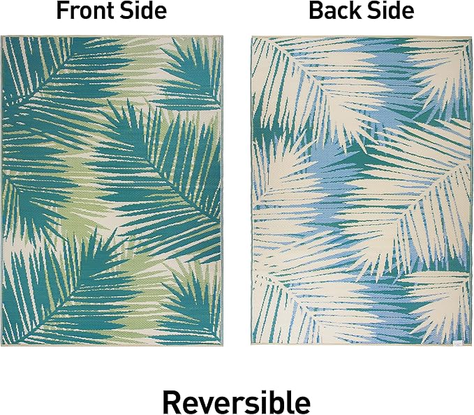 Rugshop Tropical Floral Reversible Crease-Free Waterproof Premium Recycled Plastic Outdoor Rugs for Patio,Backyard,RV,Deck,Picnic,Trailer,Beach,Camping Green 7'10" x 10'