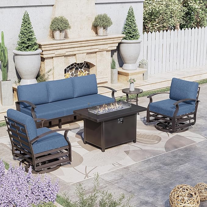 Kurapika Aluminum Patio Furniture Set 5-Seat Modern Metal Outdoor Conversation Sets w/45in Propane Fire Pit Table, Swivel Rocking Chairs Patio Sectional Sofa w/5.1in Cushion, Navy Blue