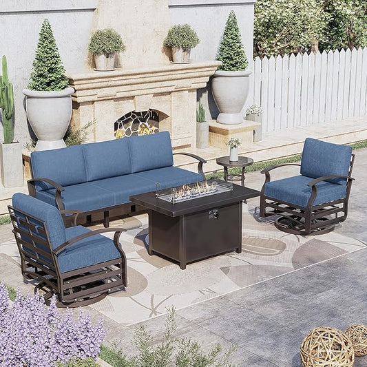 Kurapika Aluminum Patio Furniture Set 5-Seat Modern Metal Outdoor Conversation Sets w/45in Propane Fire Pit Table, Swivel Rocking Chairs Patio Sectional Sofa w/5.1in Cushion, Navy Blue