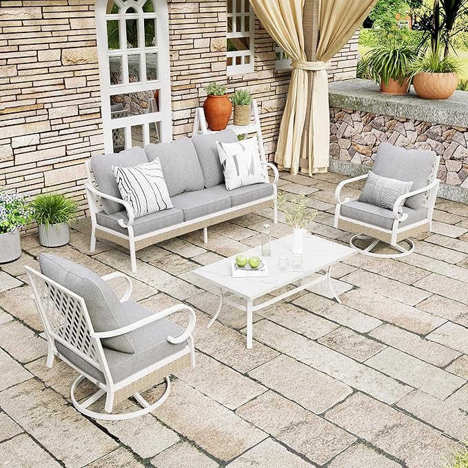 4 Piece Patio Furniture Set, 2 x Swivel Chair, 1 x 3-Seat Sofa with Marbling Coffee Table, 5 Seats Outdoor Conversation Set for Lawn Garden Backyard, Light Gray