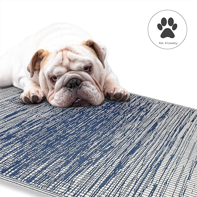 Fab Habitat Outdoor Rug - Waterproof, Fade Resistant, Crease-Free, Reversible - Premium Recycled Plastic - Distressed Abstract Stripes - Patio, Porch, Deck, Balcony - Brooklyn - Blue - 5 x 8 ft
