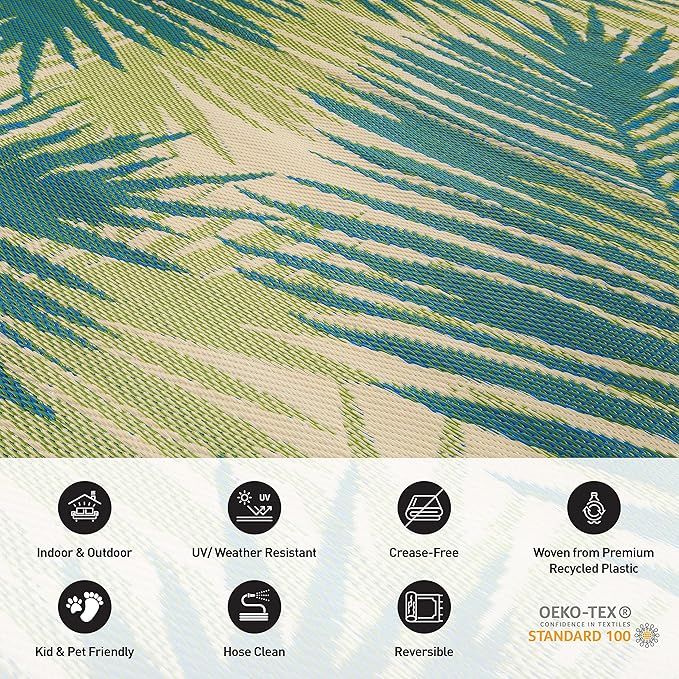 Rugshop Tropical Floral Reversible Crease-Free Waterproof Premium Recycled Plastic Outdoor Rugs for Patio,Backyard,RV,Deck,Picnic,Trailer,Beach,Camping Green 3' x 5'