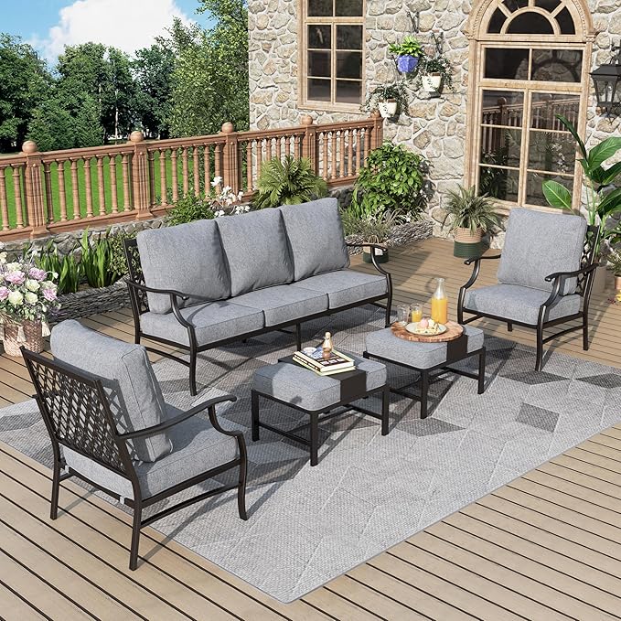 Patio Furniture Set 5 pcs, Outdoor Patio Furniture, 3-Seat Sofa, 2 Single Chairs, 2 Ottomans and 5.75" Extra Thick Cushion, Patio Conversation Set for Garden Backyard Deck,Grey