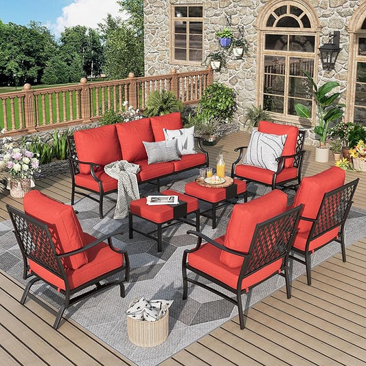 Patio Furniture Set 7 pcs, Outdoor Patio Furniture, 3-Seat Sofa, 2 Single Chairs, 2 Rocking Chairs, 2 Ottomans and 5.75" Extra Thick Cushion, Patio Conversation Set for Backyard Deck,Red