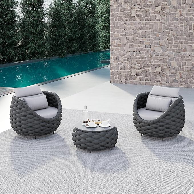 Woven Rope Outdoor Chair: Aluminum Patio Accent Chair with Arms - Assembled Cushioned Lounge Chair for 400lbs - Morden Porch Furniture Seating for Deck Balcony Garden Pool Backyard Hotel Resort