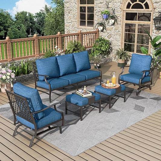 Patio Furniture Set 5 pcs, Outdoor Patio Furniture, 3-Seat Sofa, 2 Rocking Chairs, 2 Ottomans and 5.75" Extra Thick Cushion, Conversation Set for Backyard Deck,Gemstone Blue