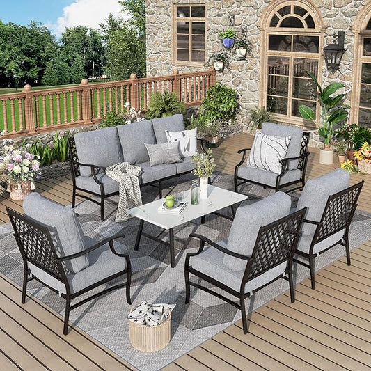 Patio Furniture Set 6 pcs, Outdoor Patio Furniture, 1 X 3-Seat Sofa, 4 X Single Chairs, 1 X Coffee Table and 5.75" Extra Thick Cushion, Patio Conversation Set,Grey