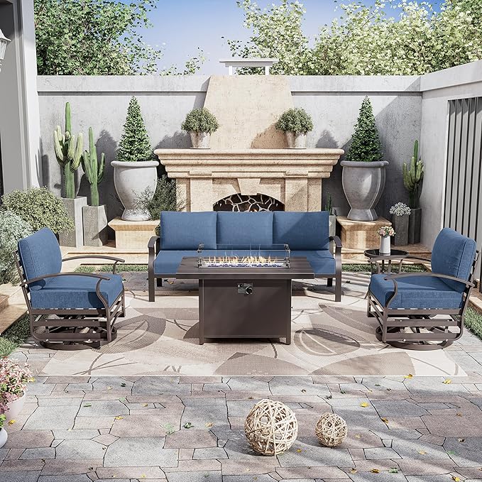 Kurapika Aluminum Patio Furniture Set 5-Seat Modern Metal Outdoor Conversation Sets w/45in Propane Fire Pit Table, Swivel Rocking Chairs Patio Sectional Sofa w/5.1in Cushion, Navy Blue
