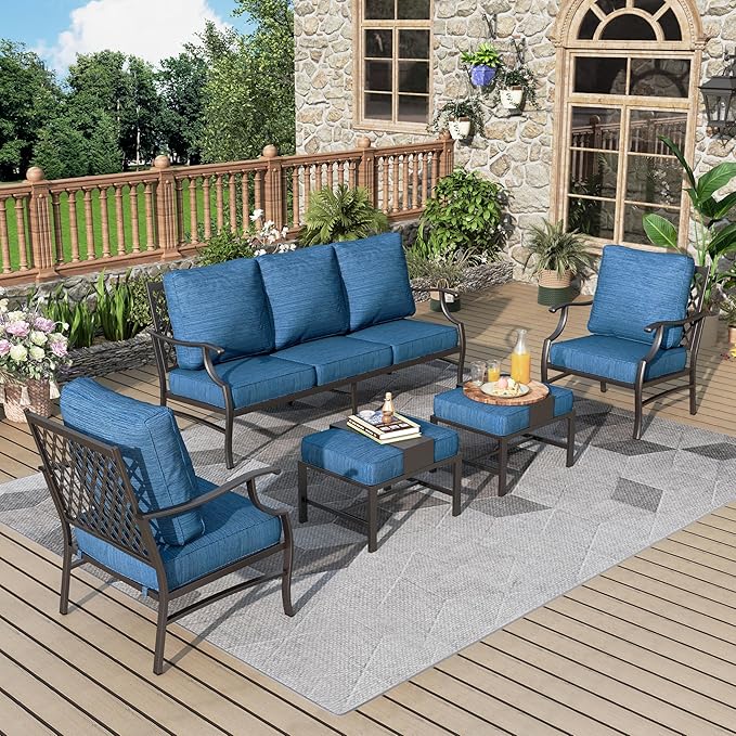 Patio Furniture Set 5 pcs, Outdoor Patio Furniture, 3-Seat Sofa, 2 Single Chairs, 2 Ottomans and 5.75" Extra Thick Cushion, Conversation Set for Backyard Deck,Gemstone Blue