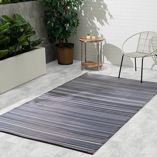 Fab Habitat Outdoor Rug - Waterproof, Fade Resistant, Crease-Free - Premium Recycled Plastic - Striped - Patio, Porch, Deck, Balcony - Cancun - Midnight - 5 x 8 ft
