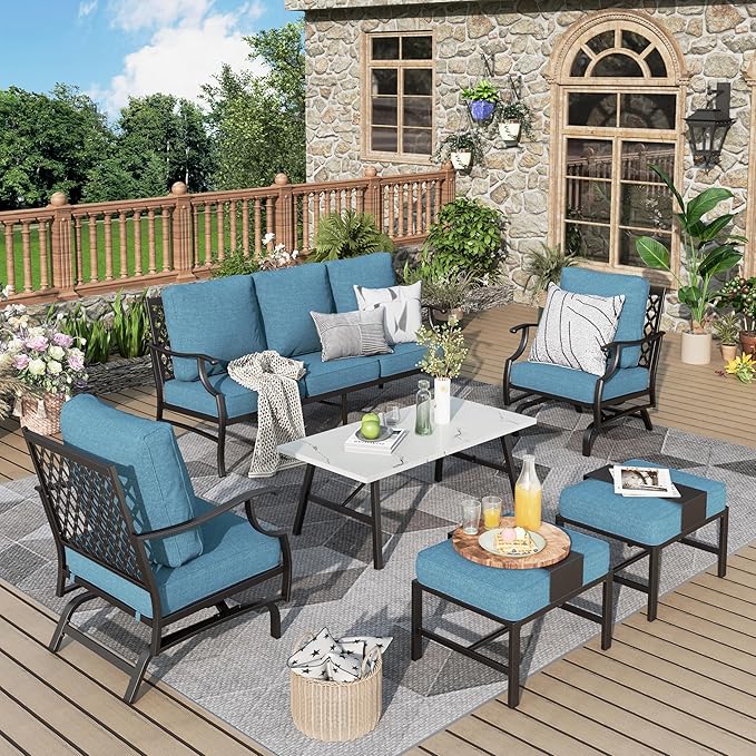 Patio Furniture Set 6 pcs, Outdoor Patio Furniture, 3-Seat Sofa, 2 Rocking Chairs, 2 Ottomans, Coffee Table and 5.75" Extra Thick Cushion, Conversation Set for Backyard Deck, Navy Blue
