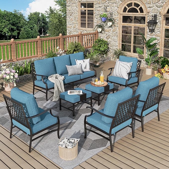 Patio Furniture Set 7 pcs, Outdoor Patio Furniture, 3-Seat Sofa, 4 Single Chairs, 2 Ottomans and 5.75" Extra Thick Cushion, Conversation Set for Backyard Deck,Navy Blue