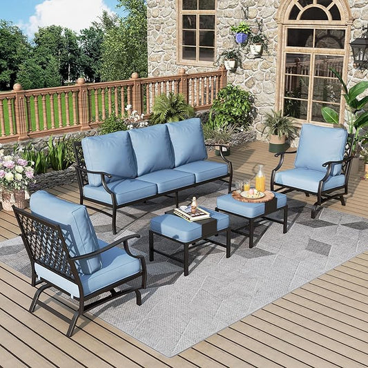 Patio Furniture Set 5 pcs, Outdoor Patio Furniture, 3-Seat Sofa, 2 Rocking Chairs, 2 Ottomans and 5.75" Extra Thick Cushion, Patio Conversation Set for Garden Backyard Deck,Blue