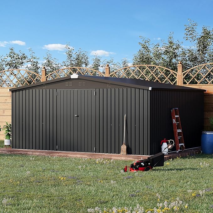 AECOJOY Shed 14' x 12' Storage Shed, Outdoor Metal Storage Sheds & Outdoor Storage 12x14 with Lockable Doors, Large Steel Yard Shed, Utility Tool Storage for Garden, Patio, Outside use in Dark Grey