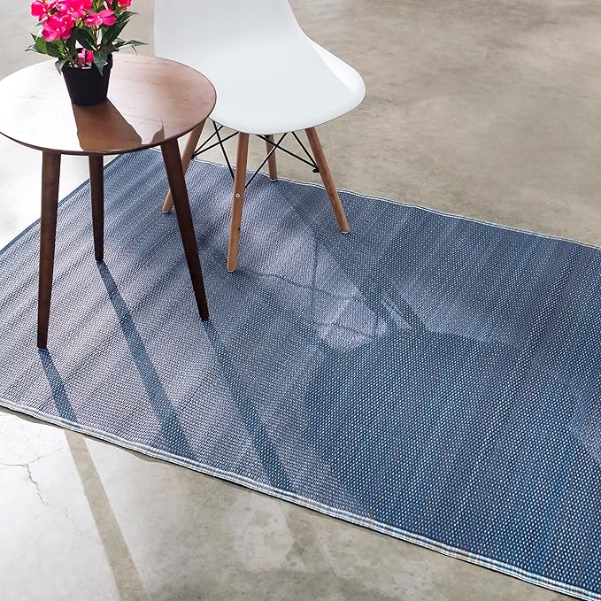 Fab Habitat Outdoor Rug - Waterproof, Fade Resistant, Crease-Free - Premium Recycled Plastic - Striped - Patio, Deck, Porch, Balcony, Laundry Room - Cancun - Shadow Blue - 4 x 6 ft