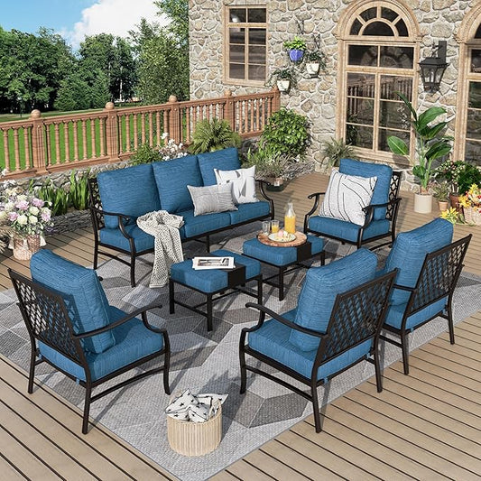 Patio Furniture Set 7 pcs, Outdoor Patio Furniture, 3-Seat Sofa, 4 Single Chairs, 2 Ottomans and 5.75" Extra Thick Cushion, Conversation Set for Backyard Deck,Gemstone Blue