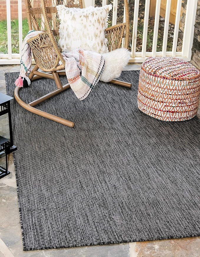 Unique Loom Collection Casual Transitional Solid Heathered Indoor/Outdoor Flatweave Area Rug (8' x 11' 4" Rectangle, Black/Ivory)