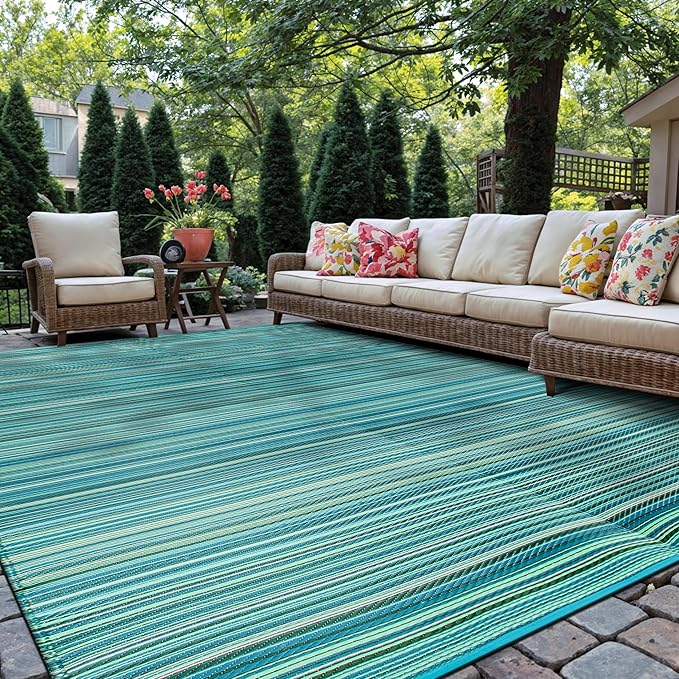 Rugshop Contemporary Stripe Reversible Foldable Waterproof Premium Recycled Plastic Outdoor Rugs for Patio,Backyard,RV,Deck,Picnic,Trailer,Beach,Camping Rug 6' X 9' Blue