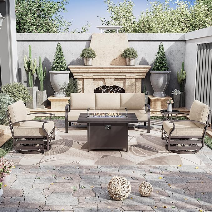 Kurapika Aluminum Patio Furniture Set 5-Seat Modern Metal Outdoor Conversation Sets w/45in Propane Fire Pit Table, Swivel Rocking Chairs Patio Sectional Sofa w/5.1 Inch Cushion, Sand