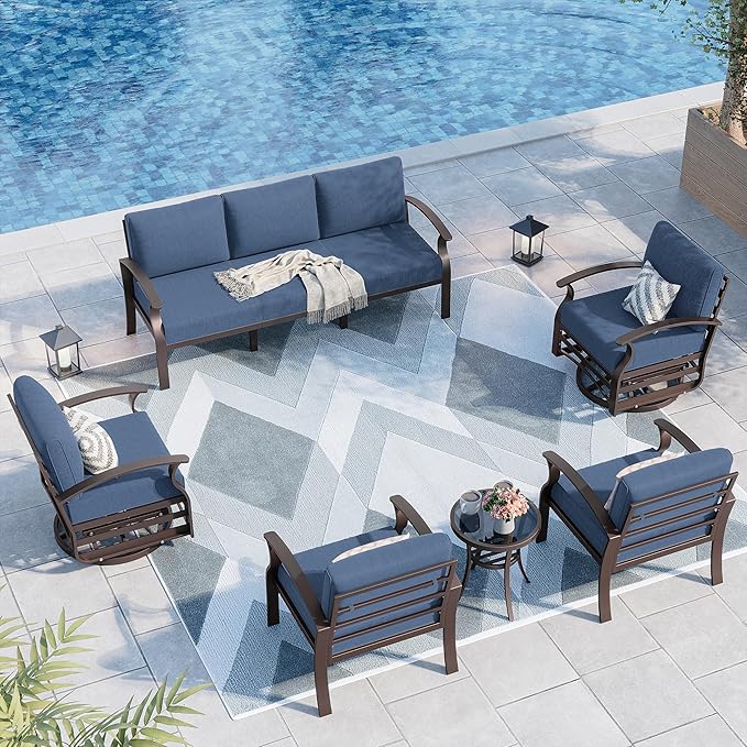Kurapika Aluminum Patio Furniture Set 7-Seat Modern Metal Outdoor Conversation Sets w/Swivel Rocking Chairs Patio Sectional Sofa w/5.1 Inch Cushion, Navy Blue