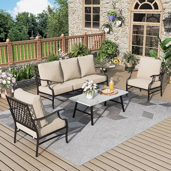 Patio Furniture Set 4 pcs, Metal Outdoor Patio Furniture, 3-Seat Sofa, 2 Single Chairs, Metal Coffee Table and 5.75" Extra Thick Cushion, Patio Conversation Set,Beige