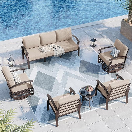 Kurapika Aluminum Patio Furniture Set 7-Seat Modern Metal Outdoor Conversation Sets w/Swivel Rocking Chairs Patio Sectional Sofa w/5.1 Inch Cushion, Sand