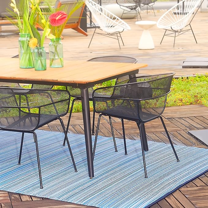 Fab Habitat Outdoor Rug - Waterproof, Fade Resistant, Crease-Free - Premium Recycled Plastic - Striped - Large Patio, Deck, Sunroom, Camping, RV - Cancun - Indigo - 6 x 9 ft