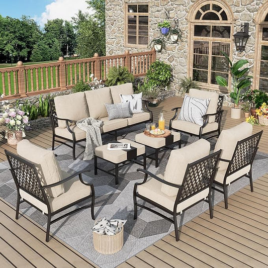 Patio Furniture Set 7 pcs, Outdoor Patio Furniture, 3-Seat Sofa, 4 Single Chairs, 2 Ottomans and 5.75" Extra Thick Cushion, Patio Conversation Set for Garden Backyard Deck,Beige