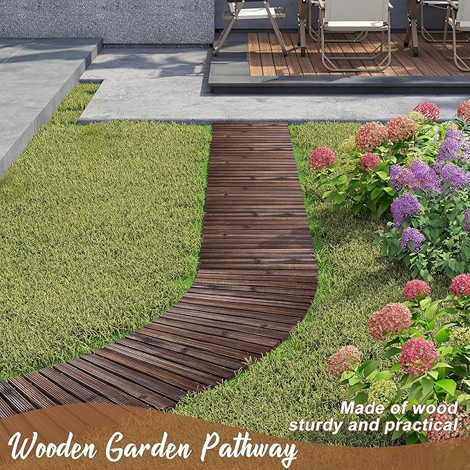 FILWH Wooden Garden Pathway Outdoor Roll-Out Walkway Weather-Resistant Fir Wood Curved or Straight Boardwalk Decorative Garden for Backyard,Beach,Wedding Party Pathways (Carbonized, 8FT Straight)
