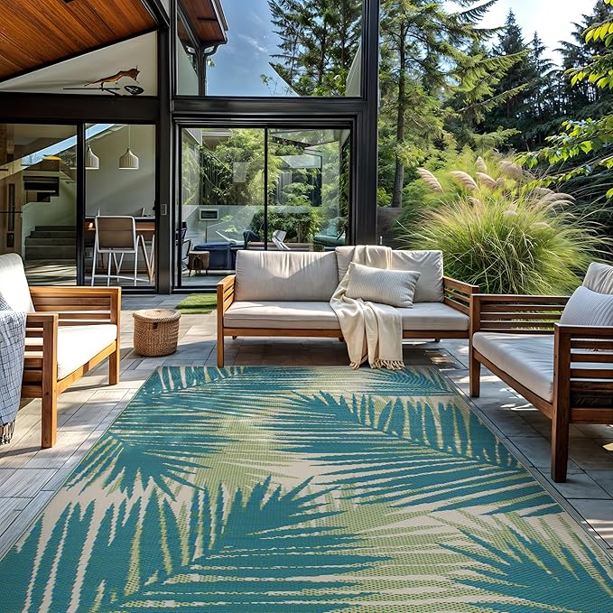 Rugshop Tropical Floral Reversible Foldable Waterproof Premium Recycled Plastic Outdoor Rugs for Patio,Backyard,RV,Deck,Picnic,Trailer,Beach,Camping Rug 9' X 18' Green