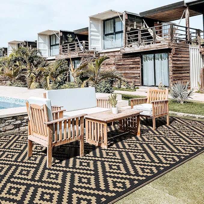 GENIMO Outdoor Rug for Patio Clearance, 8'x16' Waterproof Camping Mat, Reversible Plastic Straw Rugs for RV, Camper, Balcony, Backyard, Picnic, Deck, Black & Brown