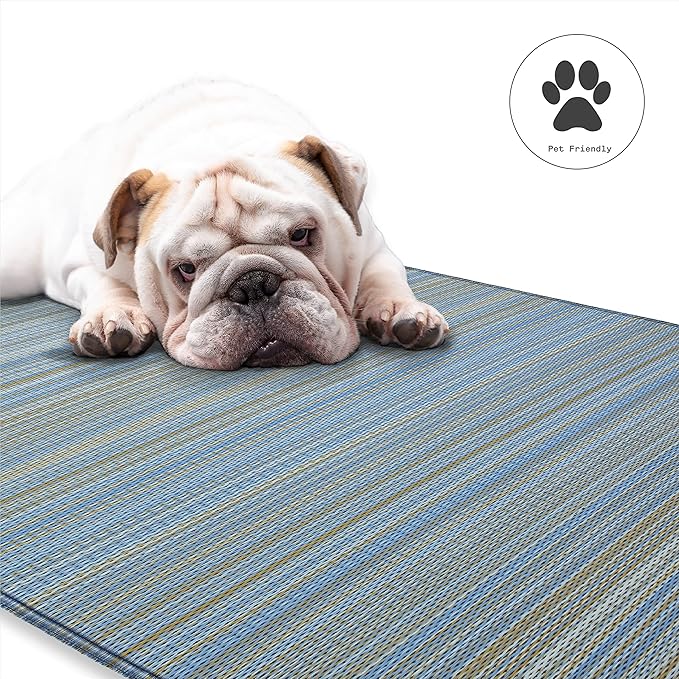 Fab Habitat Outdoor Rug - Waterproof, Fade Resistant, Crease-Free - Premium Recycled Plastic - Striped - Patio, Deck, Porch, Balcony, Laundry Room - Cancun - Shadow Blue - 4 x 6 ft