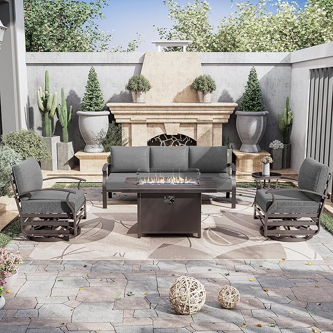 Kurapika Aluminum Patio Furniture Set 5-Seat Modern Metal Outdoor Conversation Sets w/45in Propane Fire Pit Table, Swivel Rocking Chairs Patio Sectional Sofa w/5.1 Inch Cushion, Grey