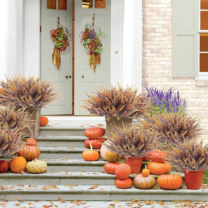 12 Bundles Artificial Fall Flowers Outdoors Fake Fall Lavender Flowers UV Resistant Plastic Faux Fall Plants for Indoor Home Porch Autumn Thanksgiving Fall Decorations (Brown)