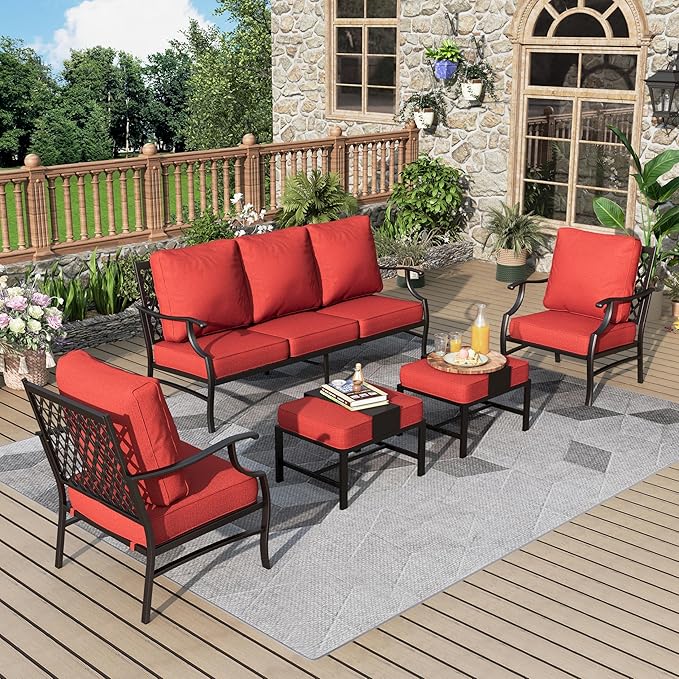 Patio Furniture Set 5 pcs, Outdoor Patio Furniture, 3-Seat Sofa, 2 Single Chairs, 2 Ottomans and 5.75" Extra Thick Cushion, Patio Conversation Set for Garden Backyard Deck,Red