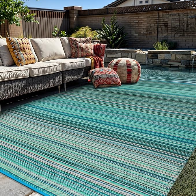 Rugshop Contemporary Stripe Reversible Crease-Free Waterproof Premium Recycled Plastic Outdoor Rugs for Patio,Backyard,RV,Deck,Picnic,Trailer,Beach,Camping Blue 7'10" x 10'