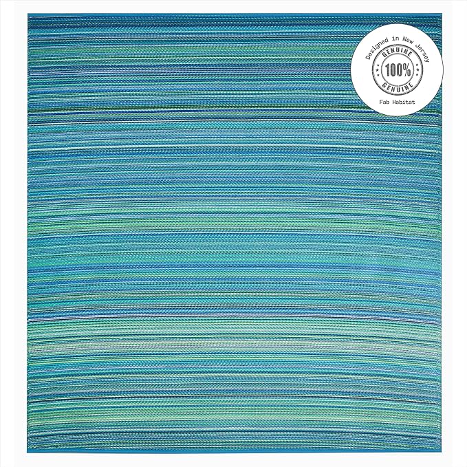 Fab Habitat Outdoor Rug - Waterproof, Fade Resistant, Crease-Free - Premium Recycled Plastic - Striped - Large Patio, Deck, Sunroom, Camping, RV - Cancun - Turquoise & Moss Green - 8 x 8 ft