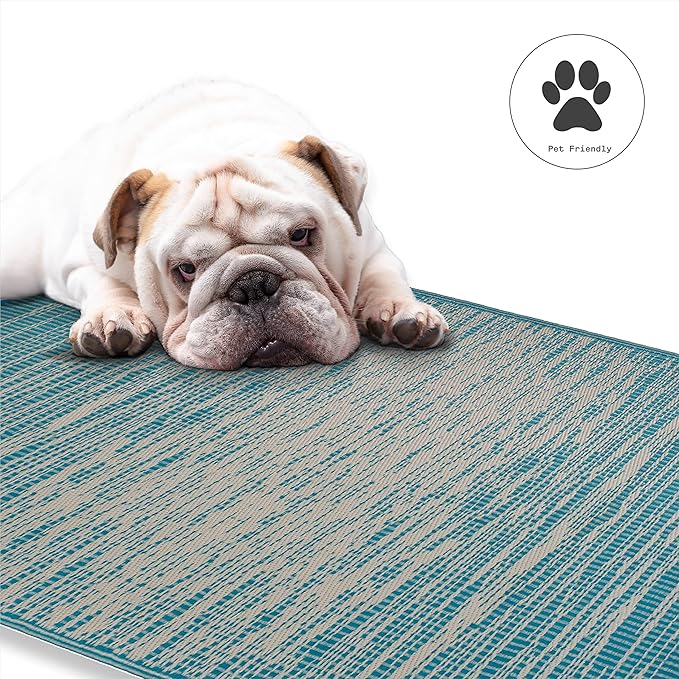 Fab Habitat Outdoor Rug - Waterproof, Fade Resistant, Crease-Free - Premium Recycled Plastic - Distressed Abstract - Porch, Deck, Balcony, Mudroom, Laundry Room, Patio - Brooklyn - Teal - 3 x 5 ft