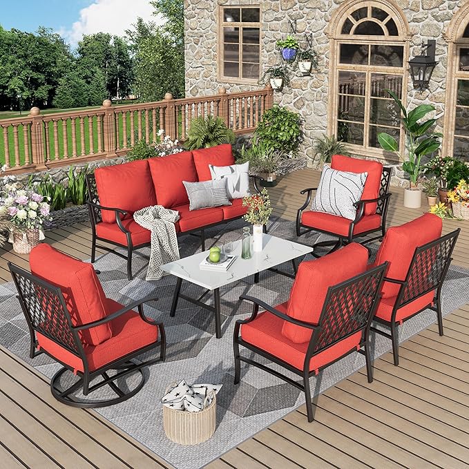 Patio Furniture Set 6 pcs, Outdoor Patio Furniture, 1 X 3-Seat Sofa, 2 X Single Chairs, 2 X Swivel Chairs, 1 X Coffee Table and 5.75" Extra Thick Cushion, Patio Conversation Set,Red