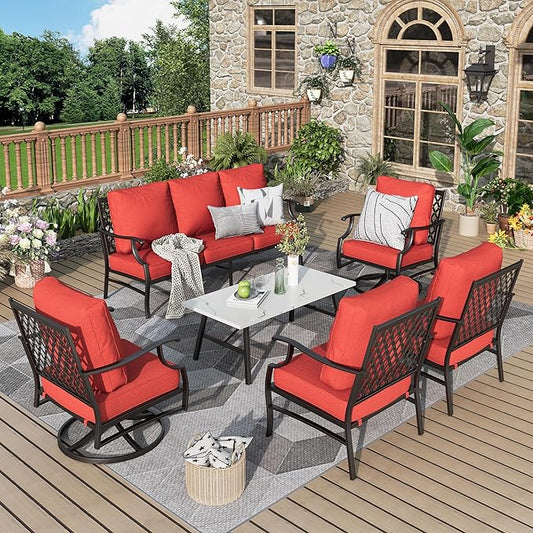 Patio Furniture Set 6 pcs, Outdoor Patio Furniture, 1 X 3-Seat Sofa, 2 X Single Chairs, 2 X Swivel Chairs, 1 X Coffee Table and 5.75" Extra Thick Cushion, Patio Conversation Set,Red