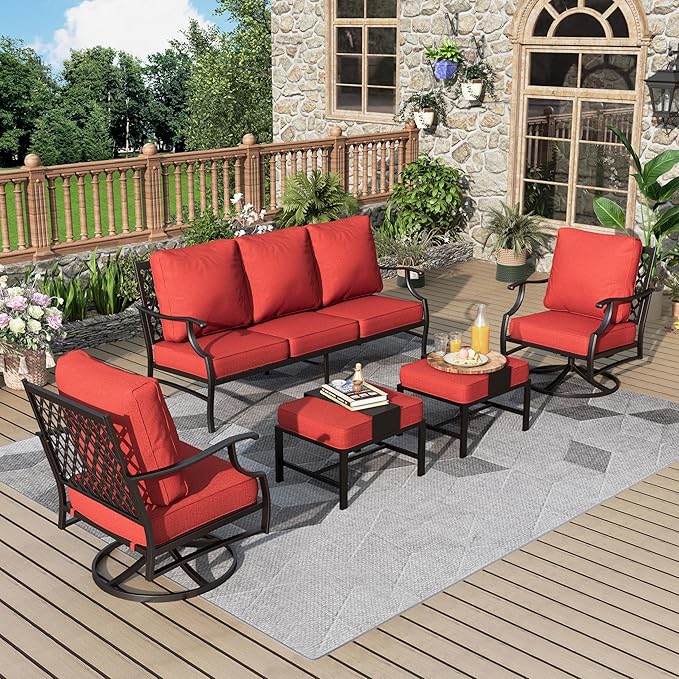 Patio Furniture Set 5 pcs, Outdoor Patio Furniture, 3-Seat Sofa, 2 Swivel Chairs, 2 Ottomans and 5.75" Extra Thick Cushion, Patio Conversation Set for Garden Backyard Deck,Red