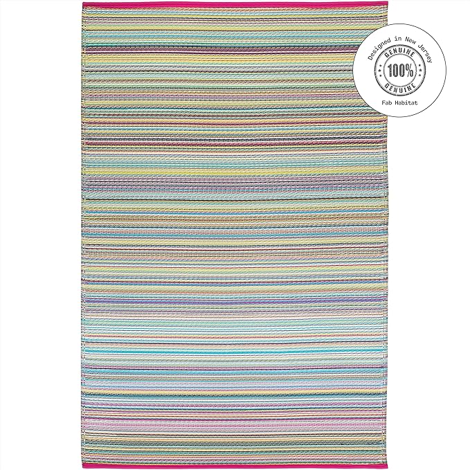 Fab Habitat Outdoor Rug - Waterproof, Fade Resistant, Crease-Free - Premium Recycled Plastic - Striped - Patio, Porch, Deck, Balcony - Cancun - Candy - 5 x 8 ft
