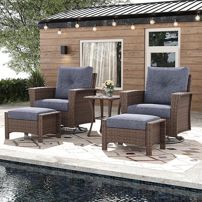 5 Pieces Outdoor Patio Furniture Set, Wicker Patio Sectional Set Conversation Wicker Swivel Chairs with Small Side Table