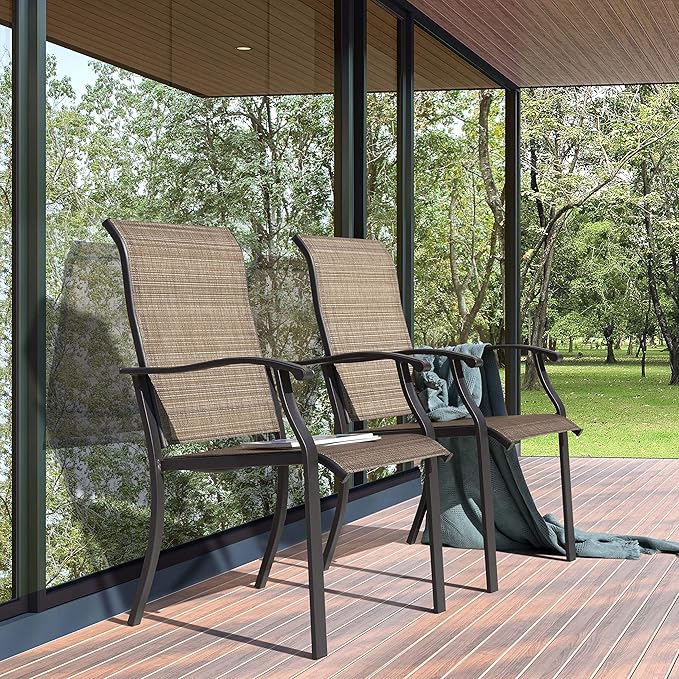 NUU GARDEN Set of 2 Patio Dining Chairs, High Back Textilene Chairs with Armrest for Indoor Outdoor Use, Iron Frame Patio Furniture Chairs for Garden Deck Backyard Kitchen Restaurant, Black and Brown