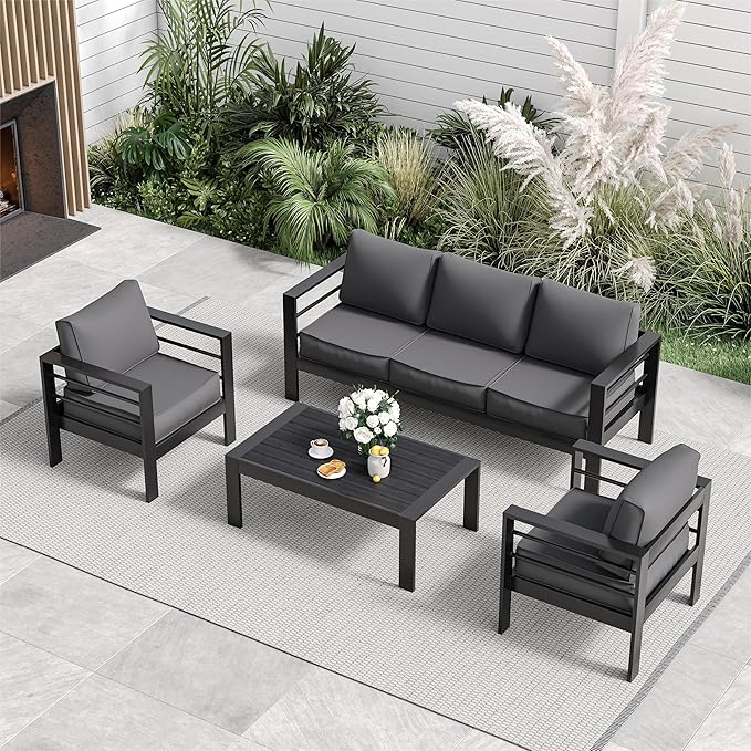 Aluminum Patio Furniture Set, Grey Metal Outdoor Furniture Set,6 Piece Patio Set with Waterproof Covers for Backyard Garden