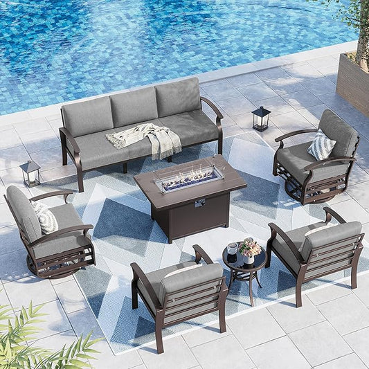 Kurapika Aluminum Patio Furniture Set 7-Seat Modern Metal Outdoor Conversation Sets w/45in Propane Fire Pit Table, Swivel Rocking Chairs Patio Sectional Sofa w/5.1 Inch Cushion, Grey